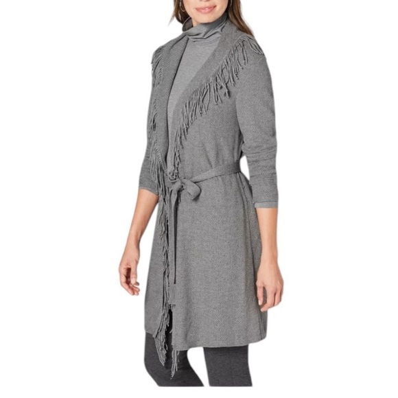 NEW J.Jill Long Fringe Cardi XS Petite Gray Belt Shawl Collar Closet Staple - Picture 4 of 13